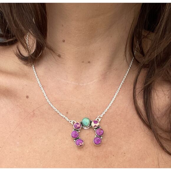 Turquoise Sea Sediment Jasper Naja Necklace Sterling Southwest Squash Blossom - Picture 5 of 9